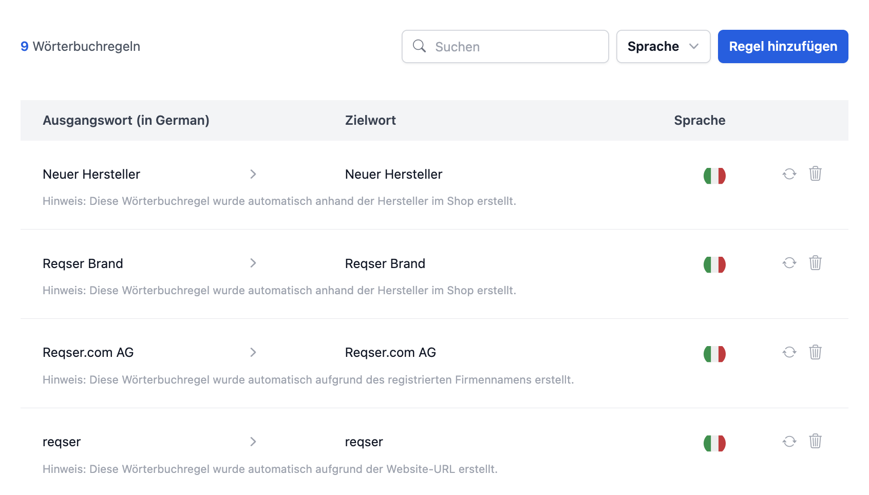 Übersicht der Wörterbuchregeln mit Sprach- und Suchfiltern