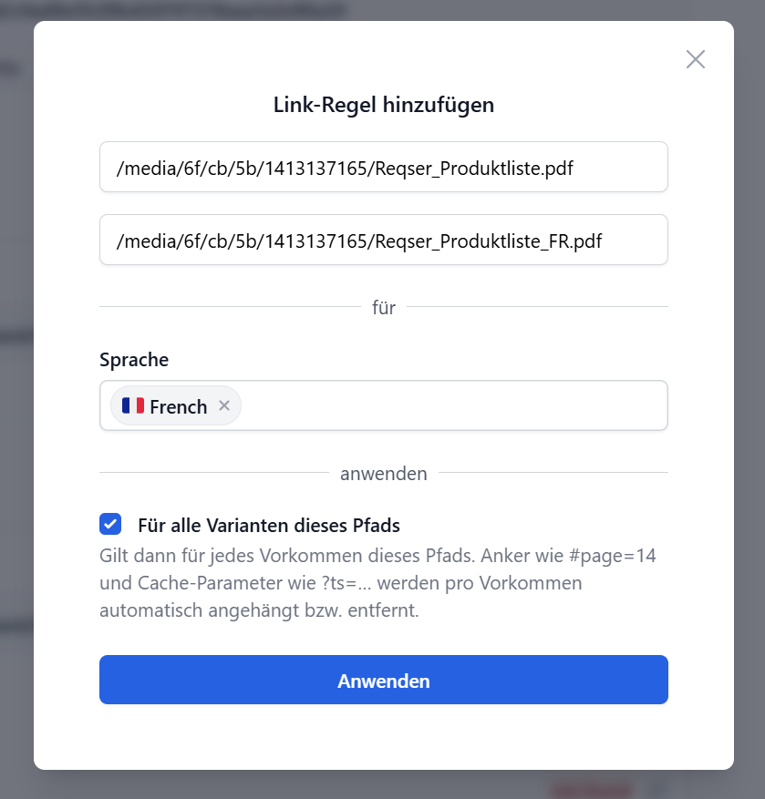 Formular zum Hinzufügen einer neuen Link-Regel