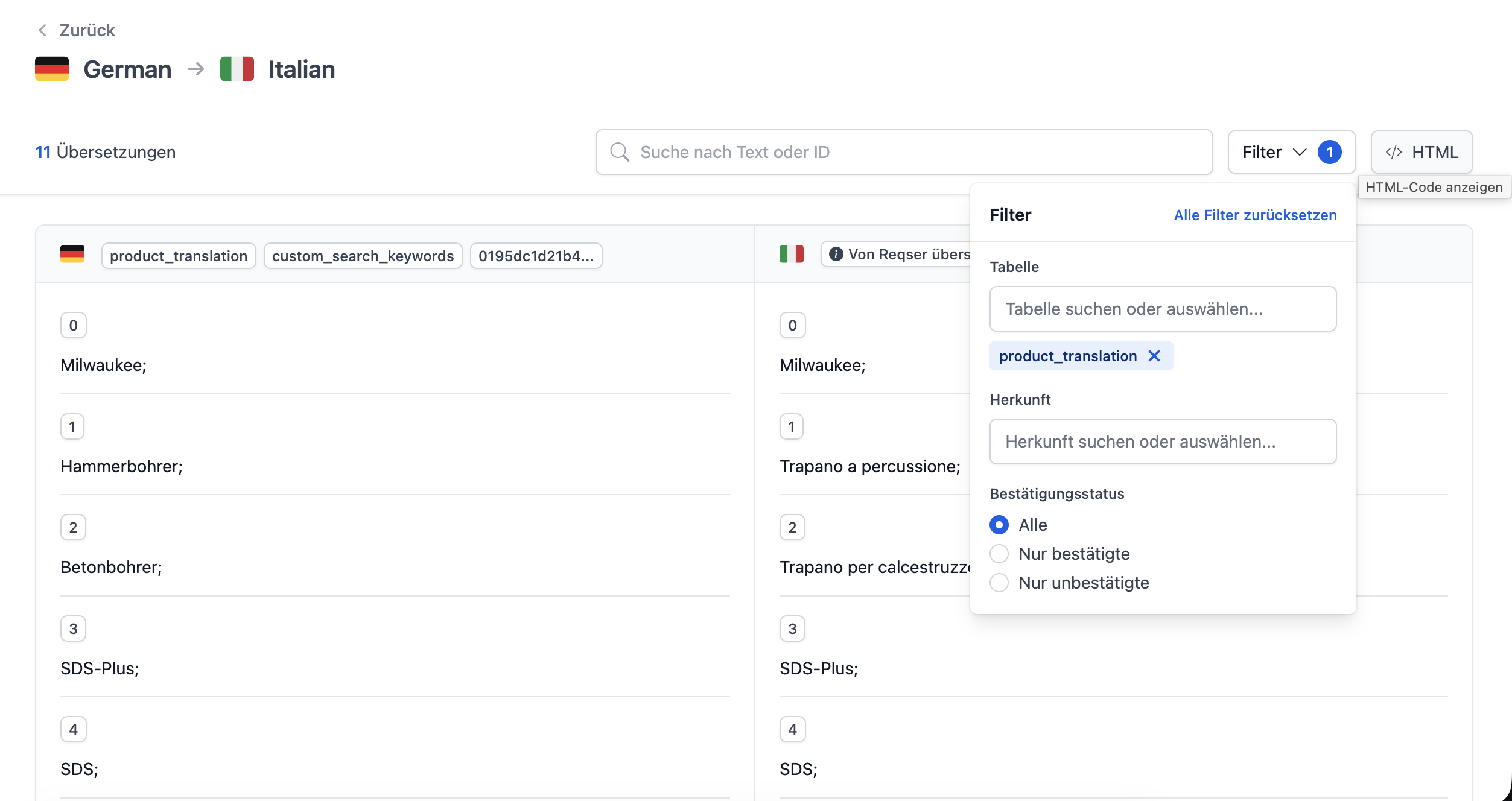 Übersicht des Übersetzungseditors mit Suchfunktion und Filtern